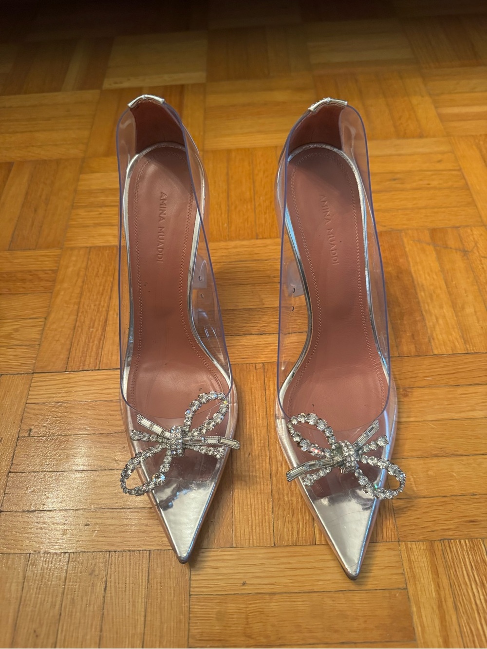 Amina Muaddi Clear PVC Pointed Pumps with Crystal Bow & Silver Trim - Picture 5 of 5